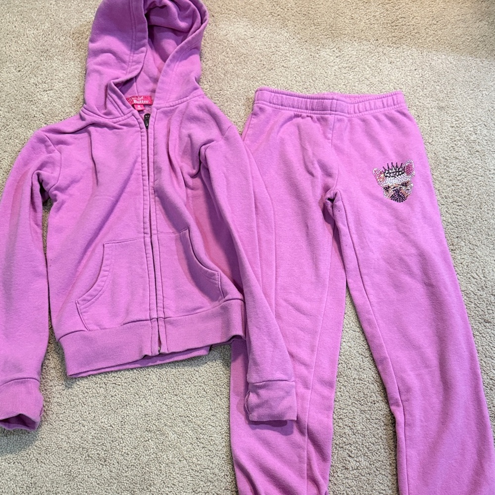 Butter Kids Pink crystal embellished Puppy Sweatpants and Hoodie Set size M